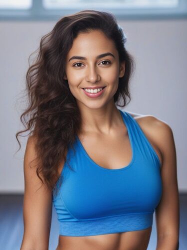 Radiant Young Mediterranean Woman in Blue Yoga Top
