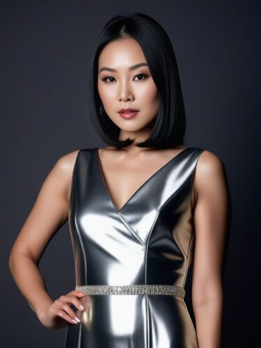 Glam Asian Woman in Shimmering Silver Dress