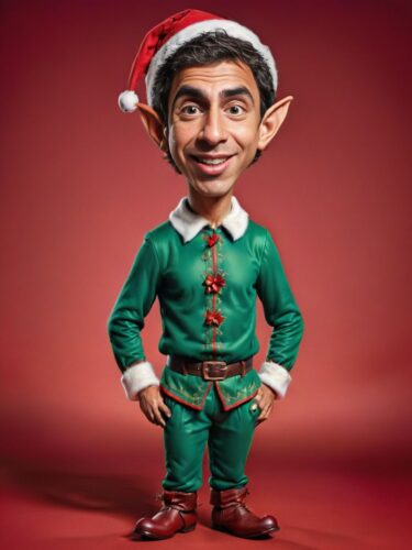 Christmas Caricature of a Young Hispanic Man as a Delightful Elf