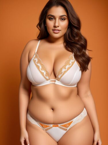 Young Middle Eastern Plus Size Woman in Elegant White Underwear