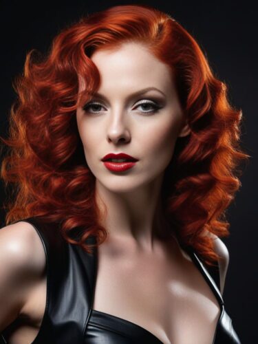 Glamorous White Woman with Fiery Red Curls in Bold Black Leather Outfit