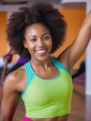Happy Afro-Caribbean Woman in Colorful Yoga Clothes