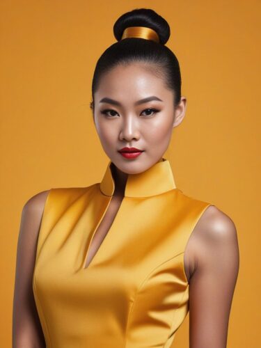 Glamorous East Asian Woman in Yellow Cocktail Dress