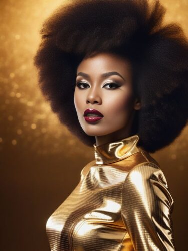 African Glam Woman with Afro Hairstyle in Gold Sequined Dress