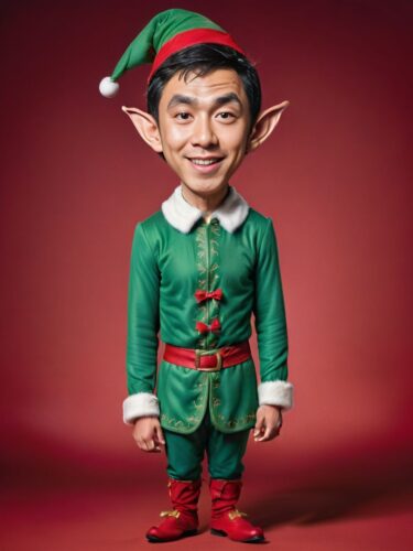 Caricature of a Young Asian Man as a Delightful Elf