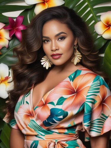 Stunning Polynesian Glam Woman in Floral Wrap Dress