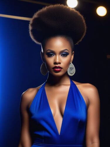 Gorgeous African-American Woman with Bold Afro Puff in Cobalt Blue Jumpsuit