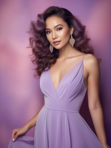 Captivating Eurasian Glam Woman in Lavender Evening Dress