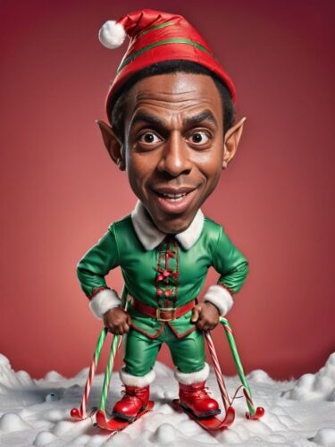 Caricature of a Young Black Man Skiing on Candy Canes