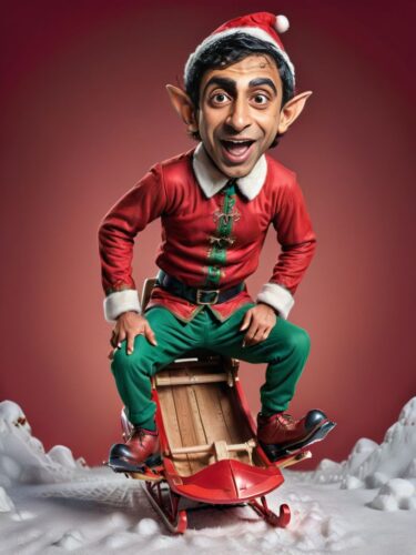 Caricature of a Young South Asian Man Elf Falling off a Sled