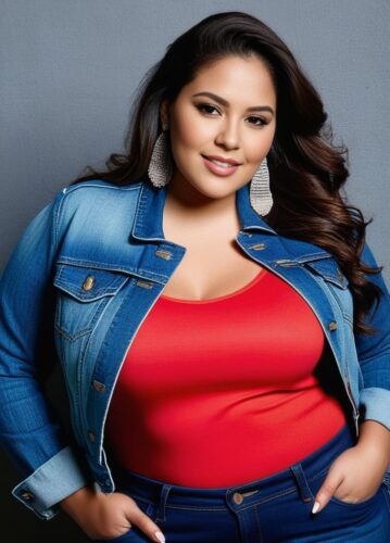 Plus-size Hispanic Woman in Trendy Denim Outfit