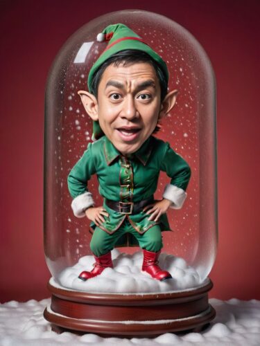 Caricature of a Young Asian Man as an Elf in a Snow Globe Shake