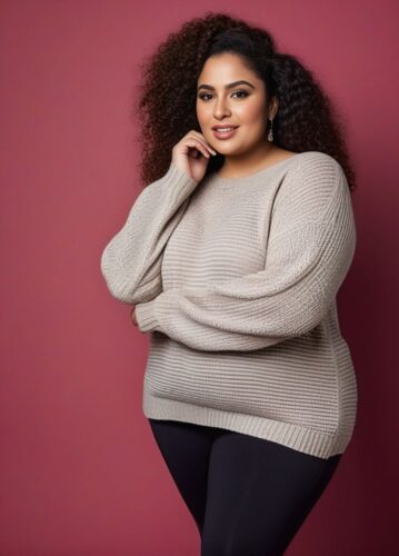 Plus-Size Middle-Eastern Woman in Cozy Sweater and Leggings