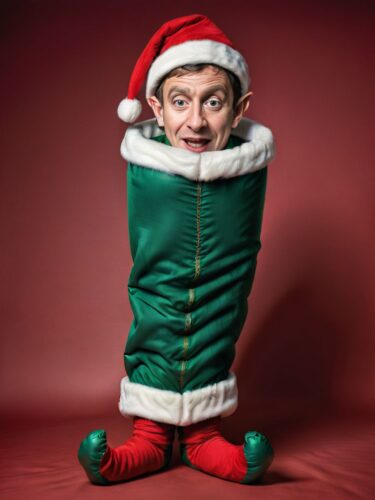 Young Caucasian Man as Caricature Elf in Giant Christmas Stocking