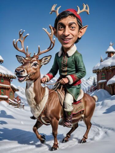 Full Body Caricature of a Young South Asian Man Elf Riding a Reindeer in a Winter Wonderland