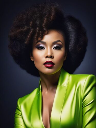 Afro-Asian Glam Woman in Lime Green Jumpsuit
