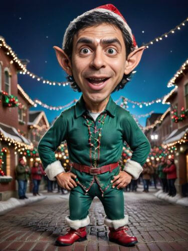 Full Body Caricature of a Young Hispanic Man Elf Entangled in Christmas Lights