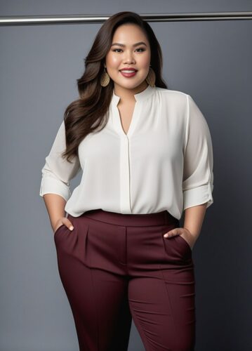 Plus-size Woman in Chic Blouse and Pants – Full-Body Portrait