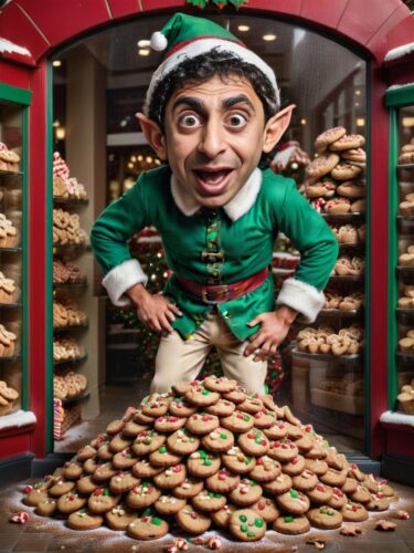 Humorous Caricature of a Young Middle-Eastern Man Elf Toppling Christmas Cookies