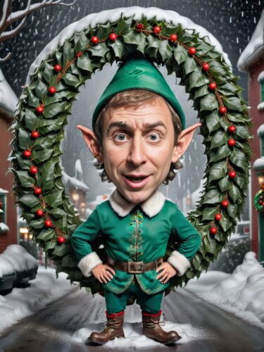 Caricature Elf Hiding Behind Christmas Wreath