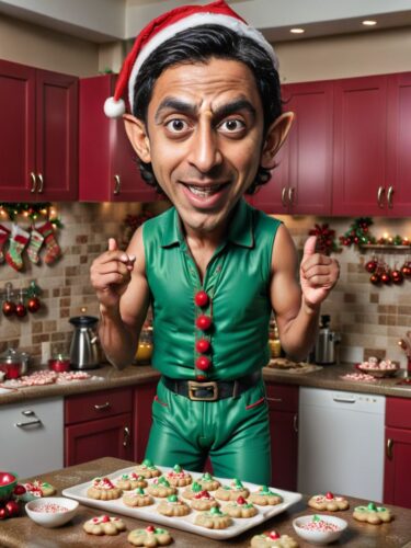 Caricature of a Young South Asian Man Elf Participating in a Christmas Cookie Decorating Contest