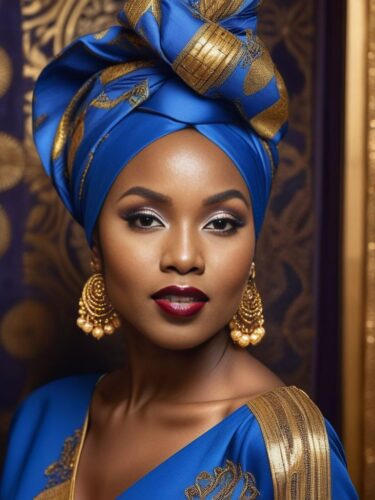 African Glam Woman in Blue and Gold Traditional Dress