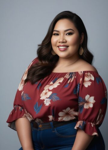 Plus-size Woman in Floral Top and Jeans