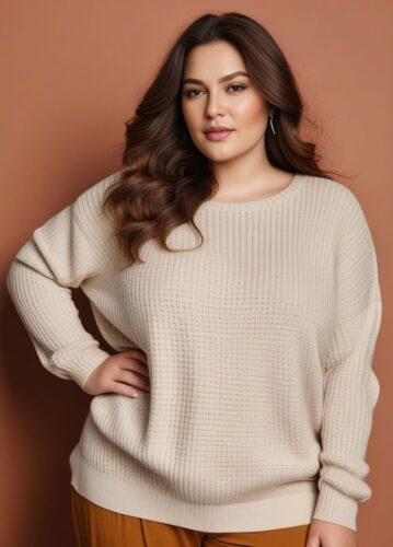 Plus-size Mediterranean Woman in Stylish Sweater and Pants