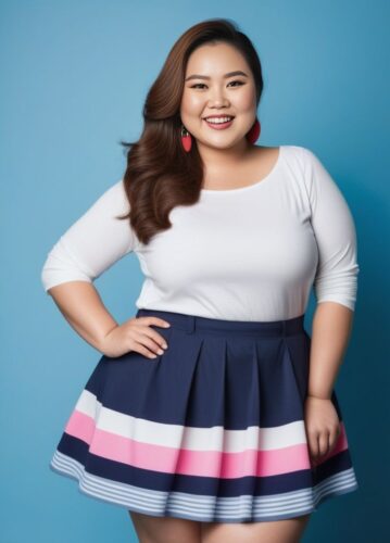 Cheerful Plus-Size East Asian Woman in Casual Trendy Outfit – Full-Body Portrait