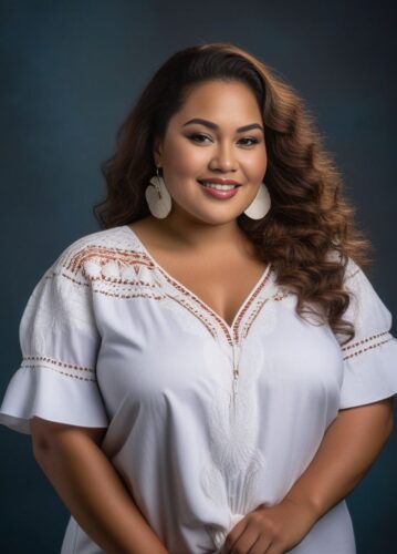 Plus-size Polynesian Woman in Casual Yet Elegant Ensemble
