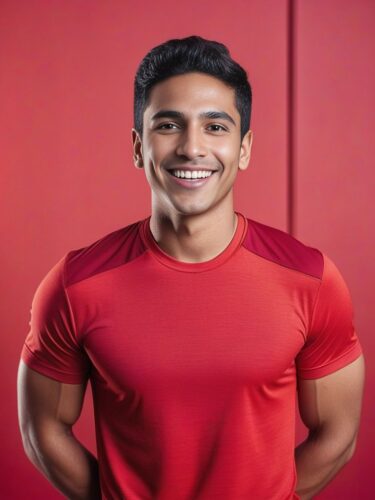 Happy Young Hispanic Man in Red Yoga Top
