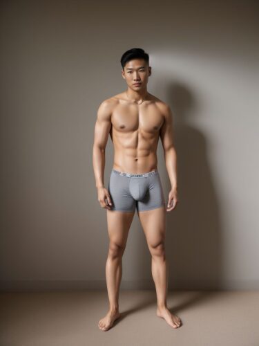 Young East Asian Man Showcasing Fashion Underwear Model Abilities