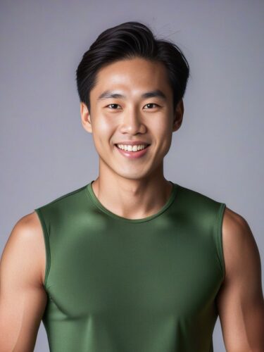 Joyful Young Asian Man in Green Yoga Outfit