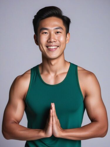 Joyful Young Asian Man in Green Yoga Outfit