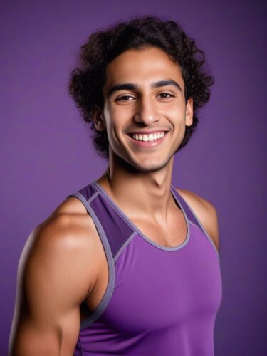 Smiling Young Middle Eastern Man in Purple Yoga Tank
