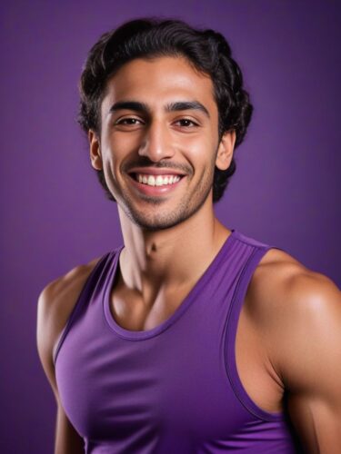 Smiling Young Middle Eastern Man in Purple Yoga Tank