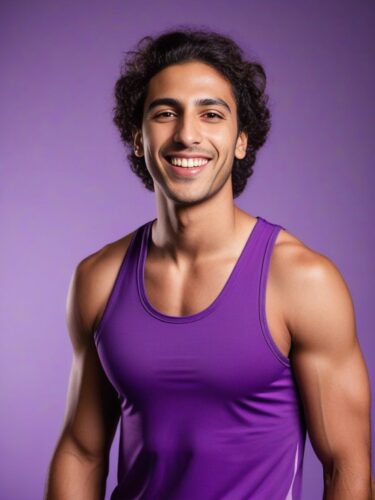Smiling Middle Eastern Man in Purple Yoga Tank