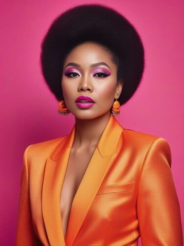 Afro-Asian Glam Woman with Bold Makeup in Colorful Studio