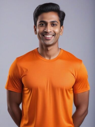 Beaming Young South Asian Man in Bold Orange Yoga Shirt