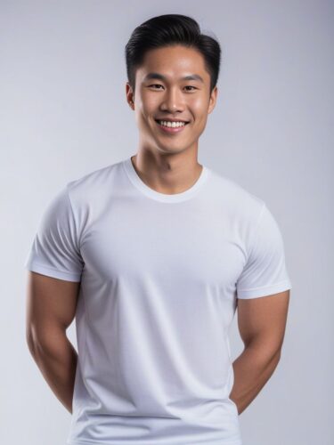 Smiling Young East Asian Man in White Yoga Shirt