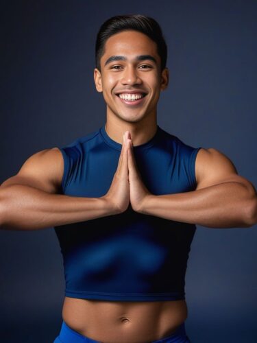 Joyful Polynesian Man in Navy Blue Yoga Top