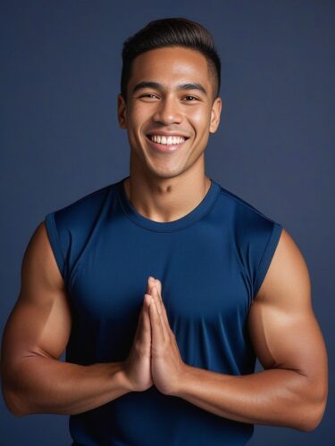 Joyful Polynesian Man in Navy Blue Yoga Top