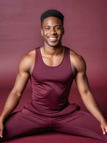 Smiling African American Man in Burgundy Yoga Outfit
