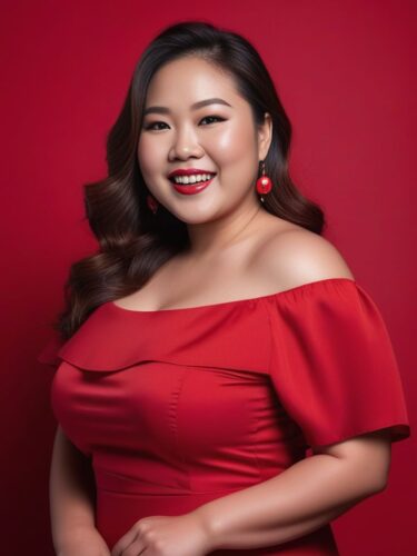 Beaming Plus-Size East Asian Woman on Cherry Red Background