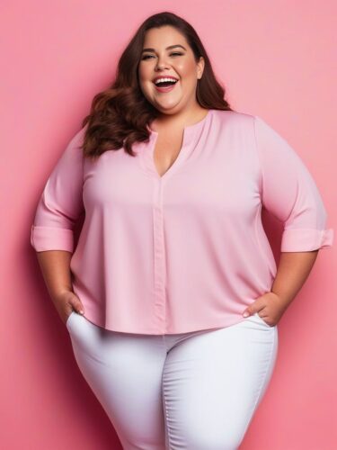 Joyful Plus-Size Woman Against Blush Pink Background
