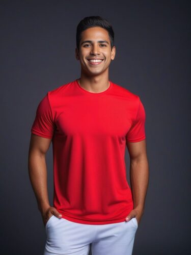 Happy Young Hispanic Man in Red Yoga Shirt