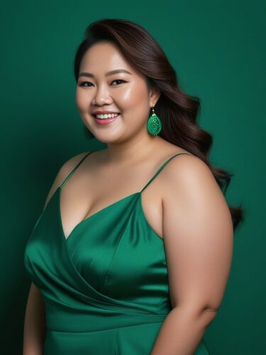 Beaming Plus-Size East Asian Woman on Forest Green Background