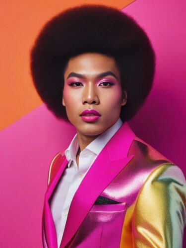 Afro-Asian Glam Man in Colorful Studio