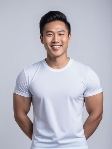 Happy Young East Asian Man in a Minimalist White Yoga Shirt