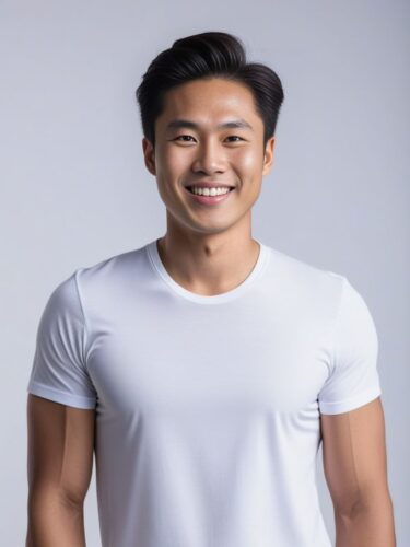 Happy Young East Asian Man in a Minimalist White Yoga Shirt